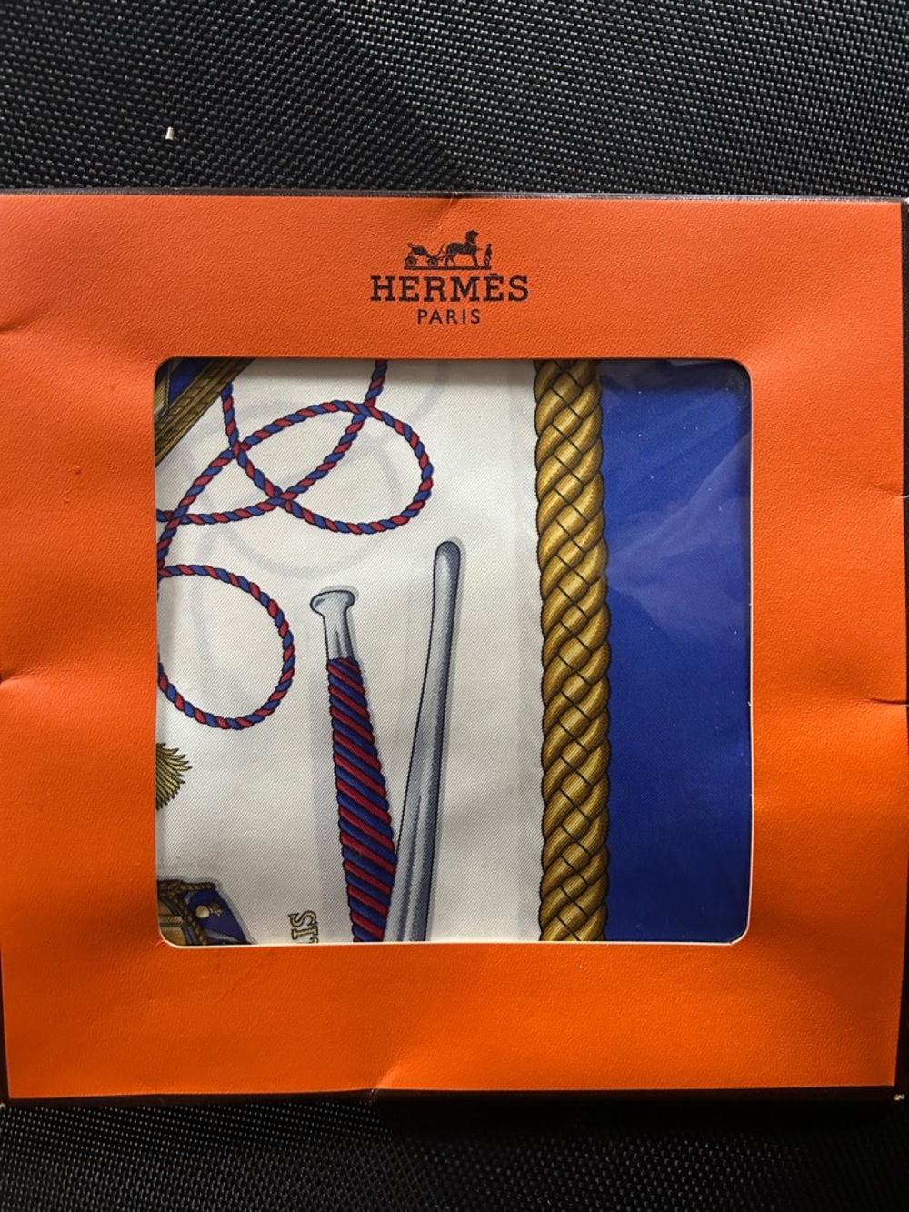 Hermes Silk Scarf with Blue, White & Gold Rope Motif